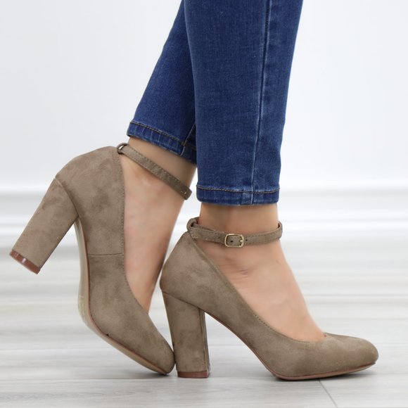 Taupe Ankle Strap Vintage Style Block Heels - Picture 13 of 14